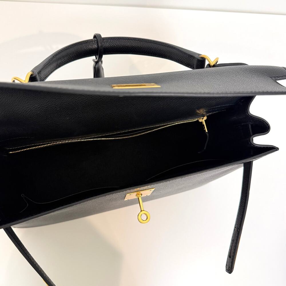 HERMES Kelly 32 Black Epsom Gold Hardware Handbag Leather Top Handle Crossbody - Picture 9 of 13